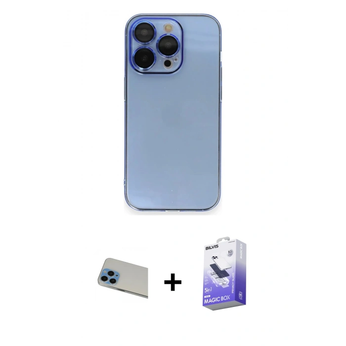 MARSİLYAN™- iPhone 13 Pro Max Kılıf Siluet Minimal Özel Seri - Siyah Bilvis 5in1 5D Magic Hayalet Cam Ekran Koruyucu + Mavi Rainbow Kamera Lens Koruma Cam