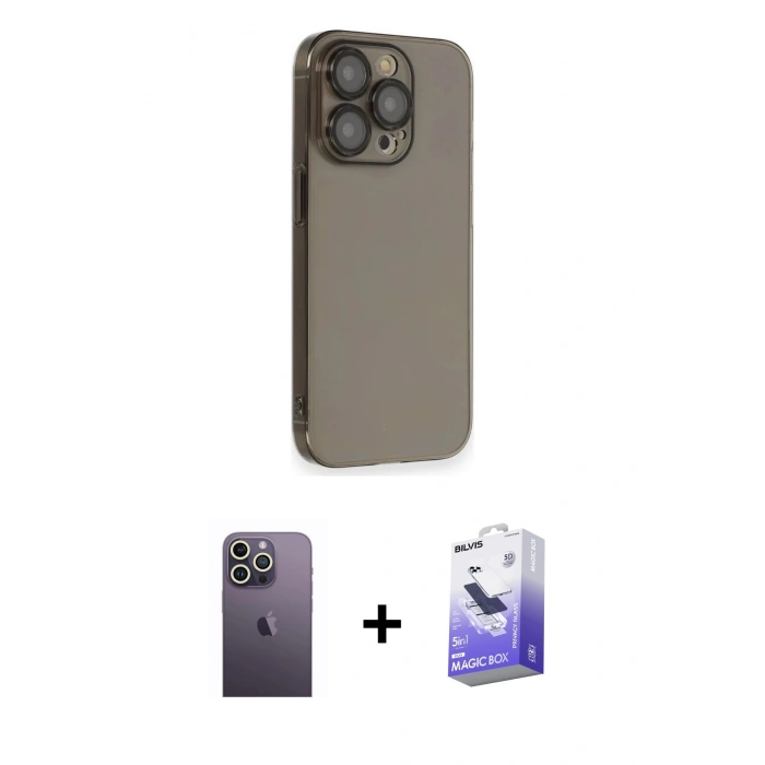 MARSİLYAN™- iPhone 13 Pro Max Kılıf Siluet Minimal Özel Seri - Siyah Bilvis 5in1 5D Magic Hayalet Cam Ekran Koruyucu + Neon Fosforlu Kamera Lens - BZ