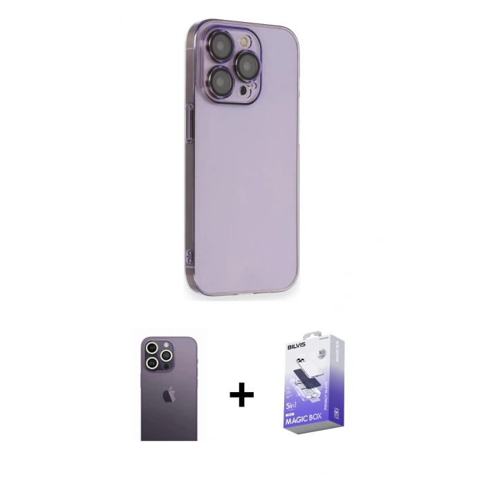 MARSİLYAN™- iPhone 13 Pro Max Kılıf Siluet Minimal Özel Seri - Siyah Bilvis 5in1 5D Magic Hayalet Cam Ekran Koruyucu + Neon Fosforlu Kamera Lens - BZ