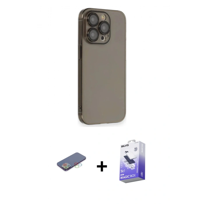 MARSİLYAN™- iPhone 13 Pro Max Kılıf Siluet Minimal Özel Seri - Siyah Bilvis 5in1 5D Magic Hayalet Cam Ekran Koruyucu + Mavi Renkli Kamera Lens Koruma Cam
