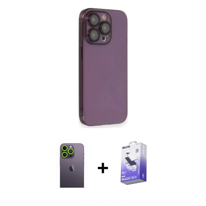 MARSİLYAN™- iPhone 13 Pro Max Kılıf Siluet Minimal Özel Seri - Siyah Bilvis 5in1 5D Magic Hayalet Cam Ekran Koruyucu + Neon Fosforlu Kamera Lens - YL