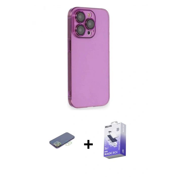 MARSİLYAN™- iPhone 13 Pro Max Kılıf Siluet Minimal Özel Seri - Siyah Bilvis 5in1 5D Magic Hayalet Cam Ekran Koruyucu + Renkli Kamera Lens Koruma Cam - YL