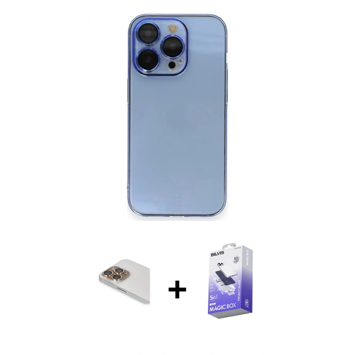 MARSİLYAN™- iPhone 13 Pro Max Kılıf Siluet Minimal Özel Seri - Siyah Bilvis 5in1 5D Magic Hayalet Cam Ekran Koruyucu + Pers Alüminyum Kamera Lens - GD