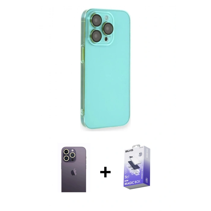 MARSİLYAN™- iPhone 13 Pro Max Kılıf Siluet Minimal Özel Seri - Siyah Bilvis 5in1 5D Magic Hayalet Cam Ekran Koruyucu + Neon Fosforlu Kamera Lens - BZ