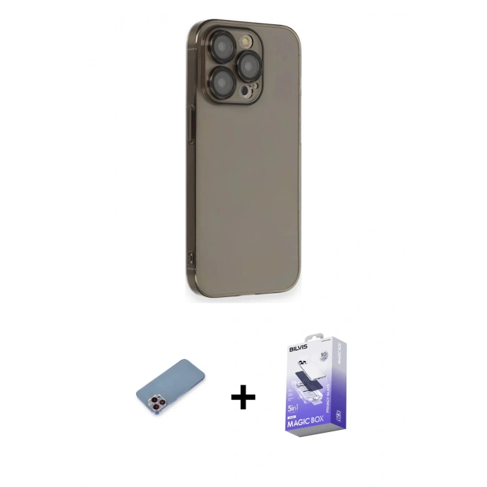 MARSİLYAN™- iPhone 13 Pro Max Kılıf Siluet Minimal Özel Seri - Siyah Bilvis 5in1 5D Magic Hayalet Cam Ekran Koruyucu + Shine Kamera Lens Koruma Cam - PE