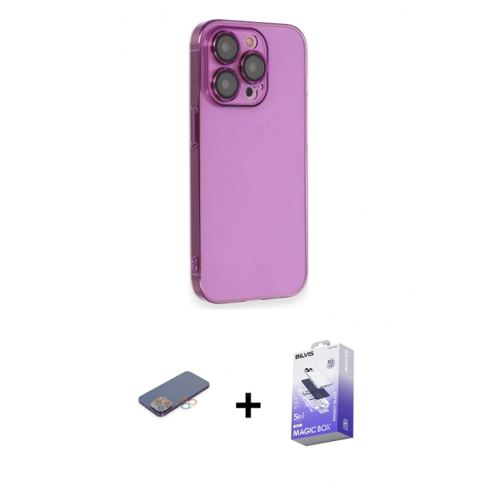 MARSİLYAN™- iPhone 13 Pro Max Kılıf Siluet Minimal Özel Seri - Siyah Bilvis 5in1 5D Magic Hayalet Cam Ekran Koruyucu + Renkli Kamera Lens Koruma Cam - PE