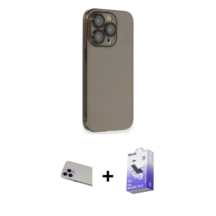 MARSİLYAN™- iPhone 13 Pro Max Kılıf Siluet Minimal Özel Seri - Siyah Bilvis 5in1 5D Magic Hayalet Cam Ekran Koruyucu + Rainbow Kamera Lens Koruma Cam - MR