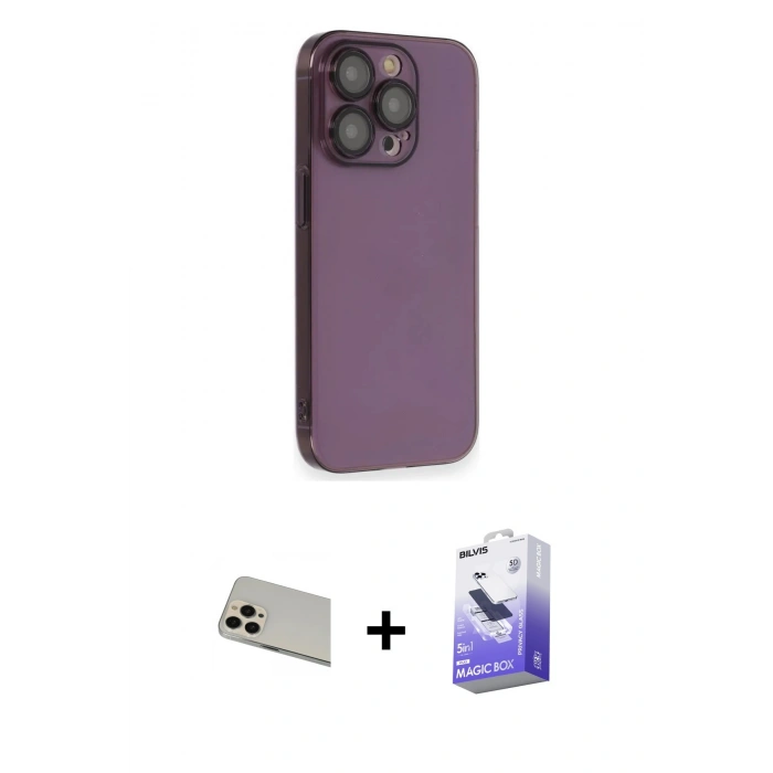 MARSİLYAN™- iPhone 13 Pro Max Kılıf Siluet Minimal Özel Seri - Siyah Bilvis 5in1 5D Magic Hayalet Cam Ekran Koruyucu + Rose Gold Rainbow Kamera Lens Koruma Cam