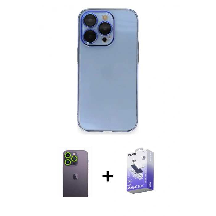 MARSİLYAN™- iPhone 13 Pro Max Kılıf Siluet Minimal Özel Seri - Siyah Bilvis 5in1 5D Magic Hayalet Cam Ekran Koruyucu + Neon Fosforlu Kamera Lens - YL