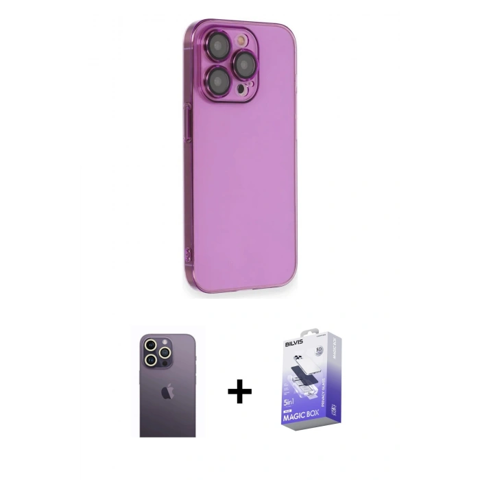 MARSİLYAN™- iPhone 13 Pro Max Kılıf Siluet Minimal Özel Seri - Siyah Bilvis 5in1 5D Magic Hayalet Cam Ekran Koruyucu + Neon Fosforlu Kamera Lens - BZ