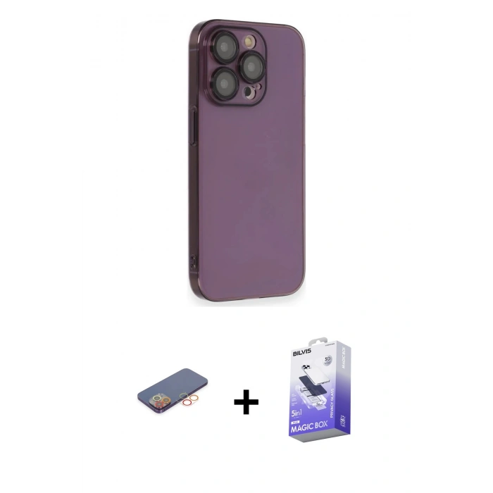 MARSİLYAN™- iPhone 13 Pro Max Kılıf Siluet Minimal Özel Seri - Siyah Bilvis 5in1 5D Magic Hayalet Cam Ekran Koruyucu + Renkli Kamera Lens Koruma Cam - TU