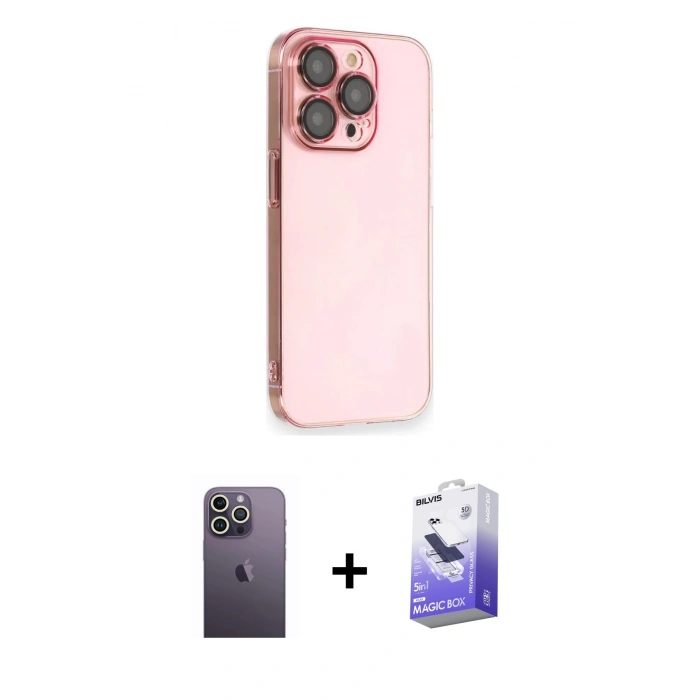MARSİLYAN™- iPhone 13 Pro Max Kılıf Siluet Minimal Özel Seri - Siyah Bilvis 5in1 5D Magic Hayalet Cam Ekran Koruyucu + Neon Fosforlu Kamera Lens - BZ