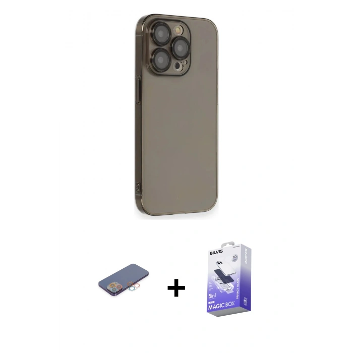 MARSİLYAN™- iPhone 13 Pro Max Kılıf Siluet Minimal Özel Seri - Siyah Bilvis 5in1 5D Magic Hayalet Cam Ekran Koruyucu + Renkli Kamera Lens Koruma Cam - PE