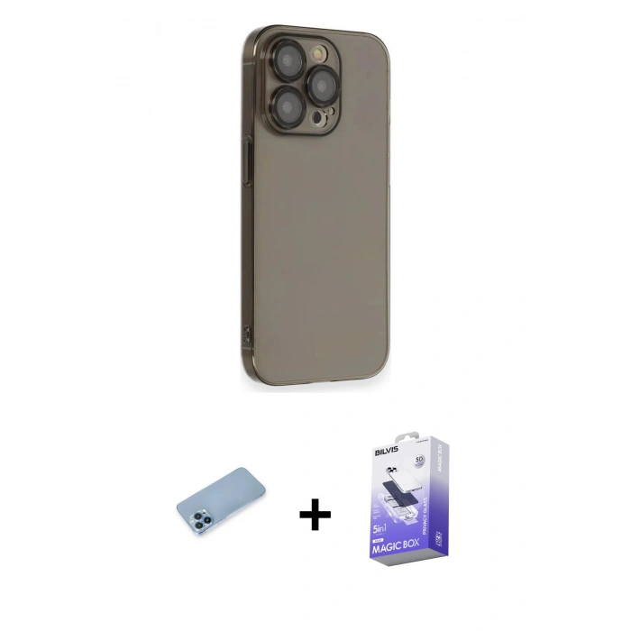 MARSİLYAN™- iPhone 13 Pro Max Kılıf Siluet Minimal Özel Seri - Siyah Bilvis 5in1 5D Magic Hayalet Cam Ekran Koruyucu + Shine Kamera Lens Koruma Cam - MI