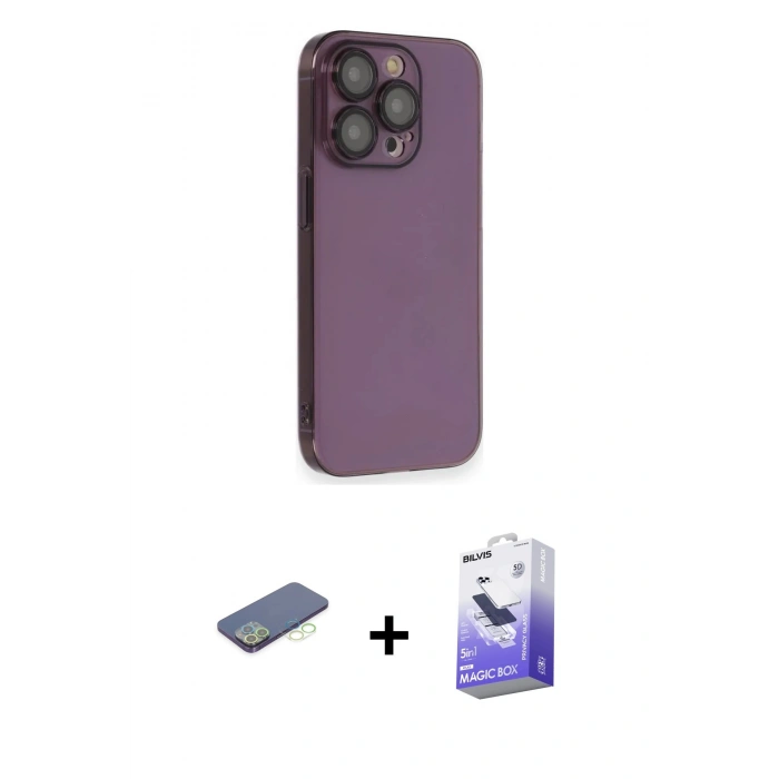 MARSİLYAN™- iPhone 13 Pro Max Kılıf Siluet Minimal Özel Seri - Siyah Bilvis 5in1 5D Magic Hayalet Cam Ekran Koruyucu + Renkli Kamera Lens Koruma Cam - YL