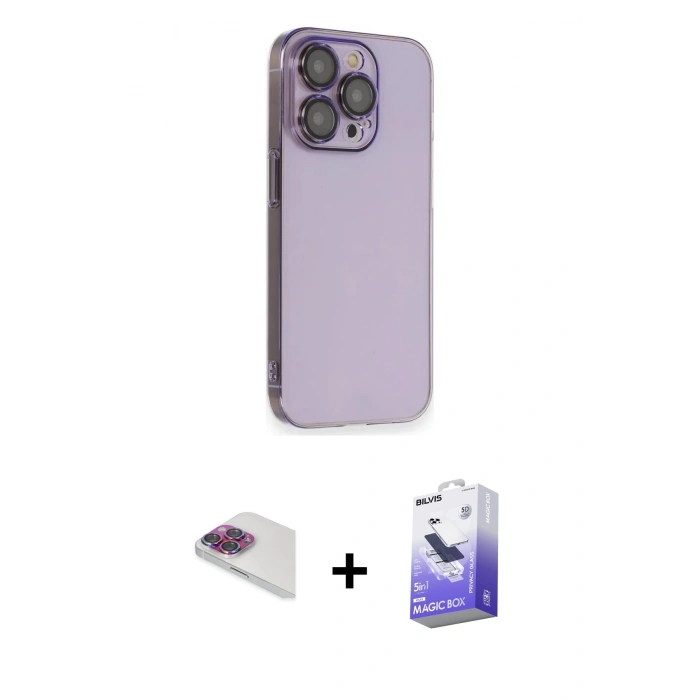 MARSİLYAN™- iPhone 13 Pro Max Kılıf Siluet Minimal Özel Seri - Siyah Bilvis 5in1 5D Magic Hayalet Cam Ekran Koruyucu + Pers Alüminyum Kamera Lens - GI
