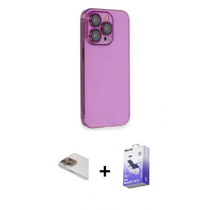 MARSİLYAN™- iPhone 13 Pro Max Kılıf Siluet Minimal Özel Seri - Siyah Bilvis 5in1 5D Magic Hayalet Cam Ekran Koruyucu + Pers Alüminyum Kamera Lens - GD