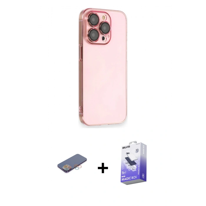 MARSİLYAN™- iPhone 13 Pro Max Kılıf Siluet Minimal Özel Seri - Siyah Bilvis 5in1 5D Magic Hayalet Cam Ekran Koruyucu + Renkli Kamera Lens Koruma Cam - PE
