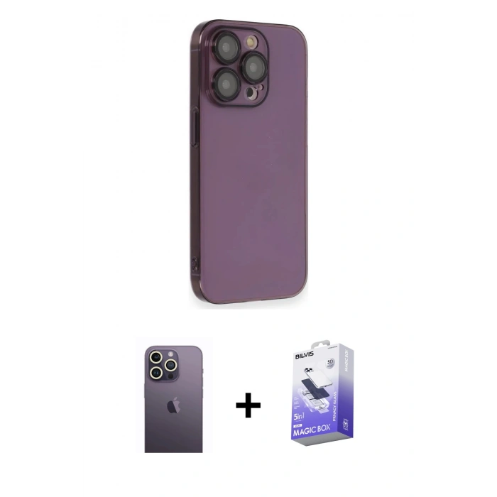 MARSİLYAN™- iPhone 13 Pro Max Kılıf Siluet Minimal Özel Seri - Siyah Bilvis 5in1 5D Magic Hayalet Cam Ekran Koruyucu + Neon Fosforlu Kamera Lens - BZ