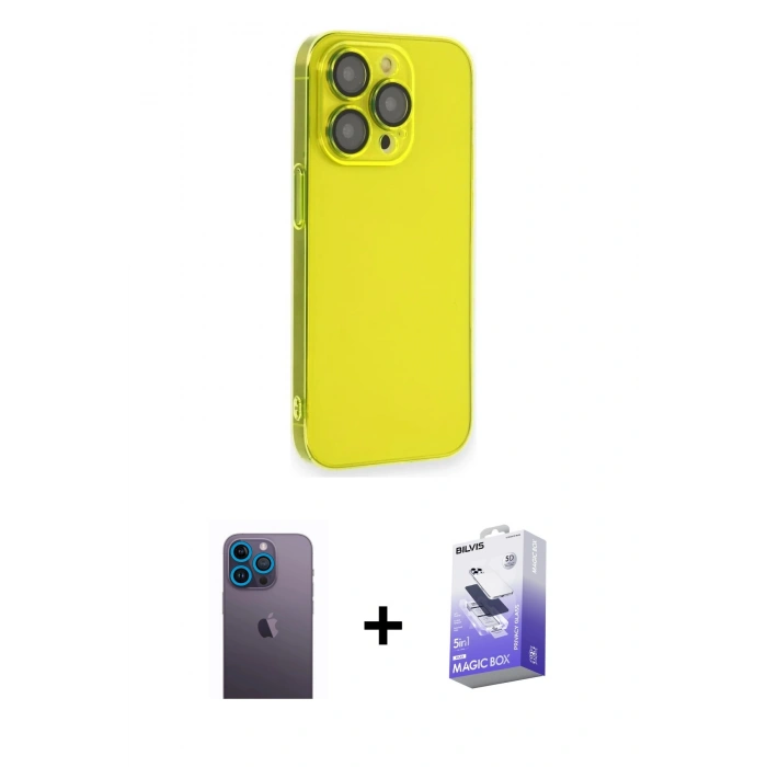 MARSİLYAN™- iPhone 13 Pro Max Kılıf Siluet Minimal Özel Seri - Siyah Bilvis 5in1 5D Magic Hayalet Cam Ekran Koruyucu + Neon Fosforlu Kamera Lens - MI