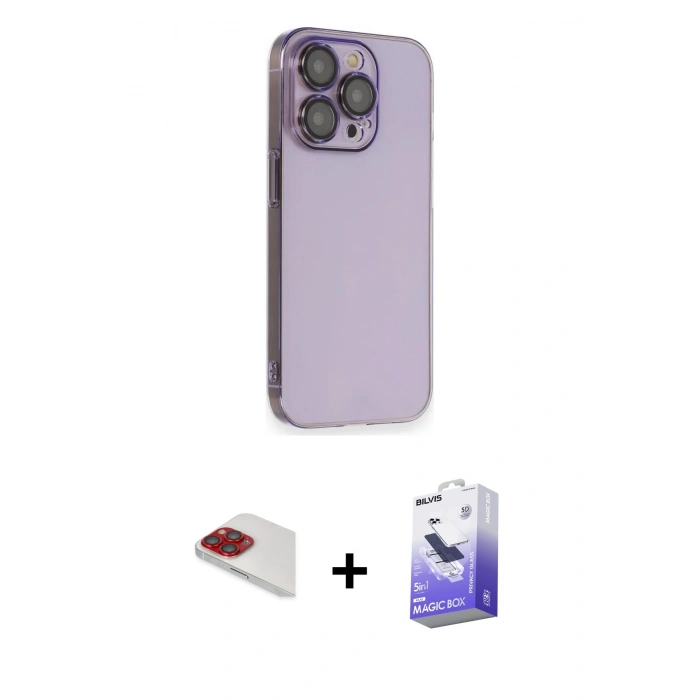MARSİLYAN™- iPhone 13 Pro Max Kılıf Siluet Minimal Özel Seri - Siyah Bilvis 5in1 5D Magic Hayalet Cam Ekran Koruyucu + Pers Alüminyum Kamera Lens - KI