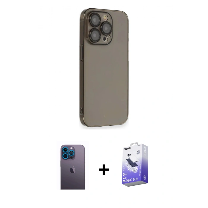 MARSİLYAN™- iPhone 13 Pro Max Kılıf Siluet Minimal Özel Seri - Siyah Bilvis 5in1 5D Magic Hayalet Cam Ekran Koruyucu + Neon Fosforlu Kamera Lens - MI