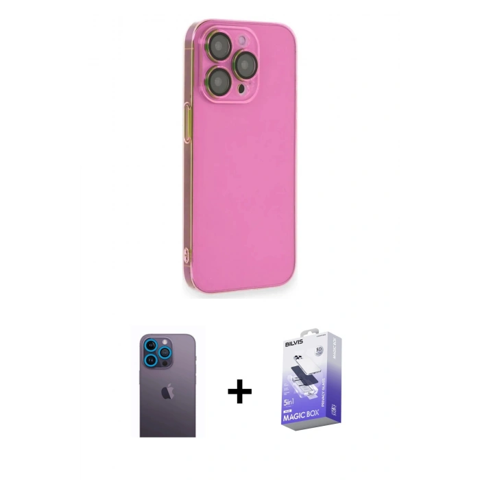 MARSİLYAN™- iPhone 13 Pro Max Kılıf Siluet Minimal Özel Seri - Siyah Bilvis 5in1 5D Magic Hayalet Cam Ekran Koruyucu + Neon Fosforlu Kamera Lens - MI