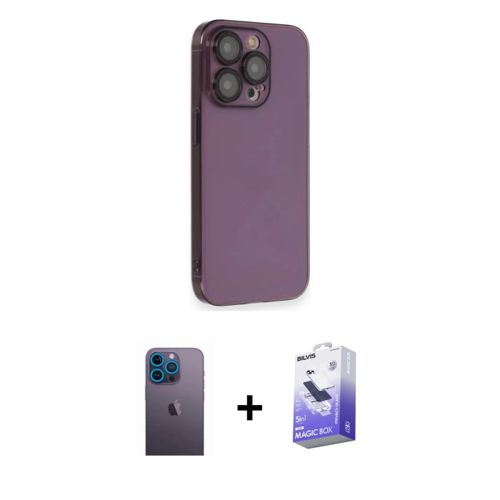 MARSİLYAN™- iPhone 13 Pro Max Kılıf Siluet Minimal Özel Seri - Siyah Bilvis 5in1 5D Magic Hayalet Cam Ekran Koruyucu + Neon Fosforlu Kamera Lens - MI