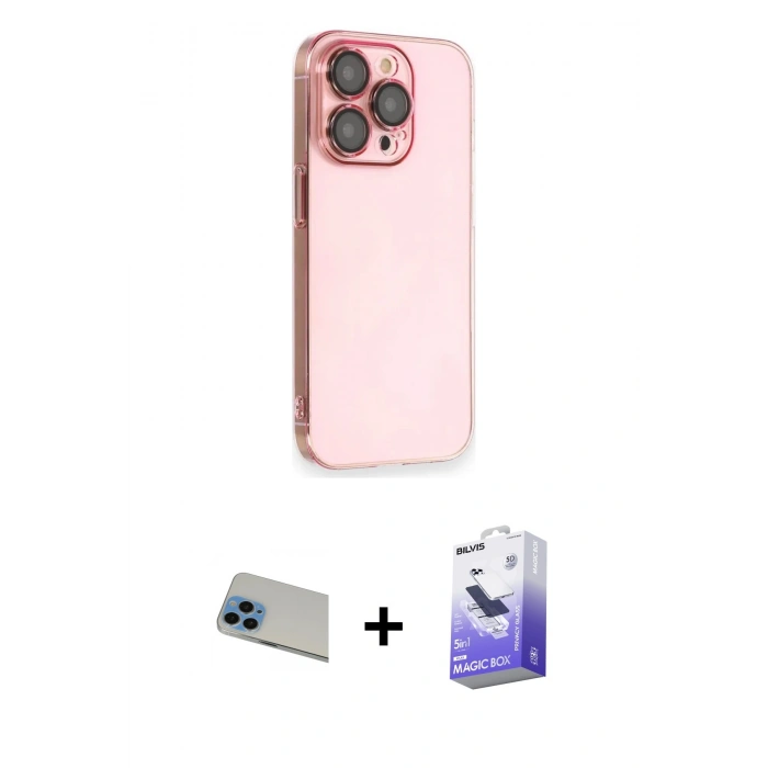 MARSİLYAN™- iPhone 13 Pro Max Kılıf Siluet Minimal Özel Seri - Siyah Bilvis 5in1 5D Magic Hayalet Cam Ekran Koruyucu + Mavi Rainbow Kamera Lens Koruma Cam