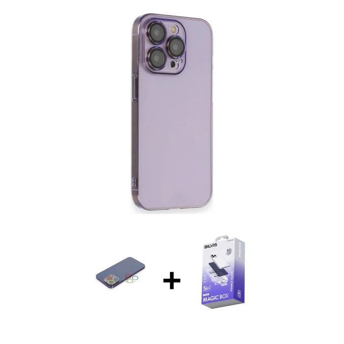 MARSİLYAN™- iPhone 13 Pro Max Kılıf Siluet Minimal Özel Seri - Siyah Bilvis 5in1 5D Magic Hayalet Cam Ekran Koruyucu + Mavi Renkli Kamera Lens Koruma Cam