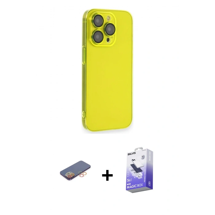 MARSİLYAN™- iPhone 13 Pro Max Kılıf Siluet Minimal Özel Seri - Siyah Bilvis 5in1 5D Magic Hayalet Cam Ekran Koruyucu + Renkli Kamera Lens Koruma Cam - TU