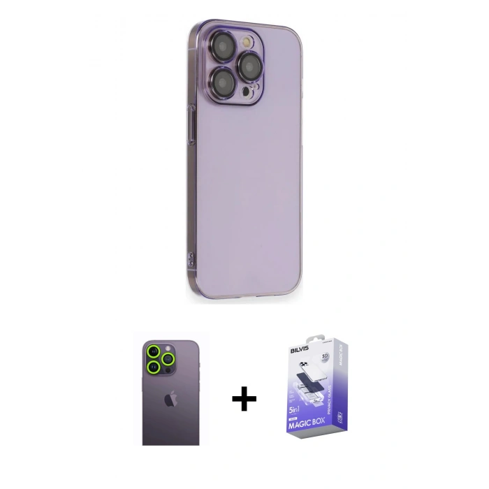 MARSİLYAN™- iPhone 13 Pro Max Kılıf Siluet Minimal Özel Seri - Siyah Bilvis 5in1 5D Magic Hayalet Cam Ekran Koruyucu + Neon Fosforlu Kamera Lens - YL