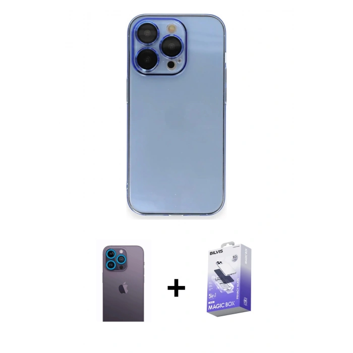 MARSİLYAN™- iPhone 13 Pro Max Kılıf Siluet Minimal Özel Seri - Siyah Bilvis 5in1 5D Magic Hayalet Cam Ekran Koruyucu + Neon Fosforlu Kamera Lens - MI