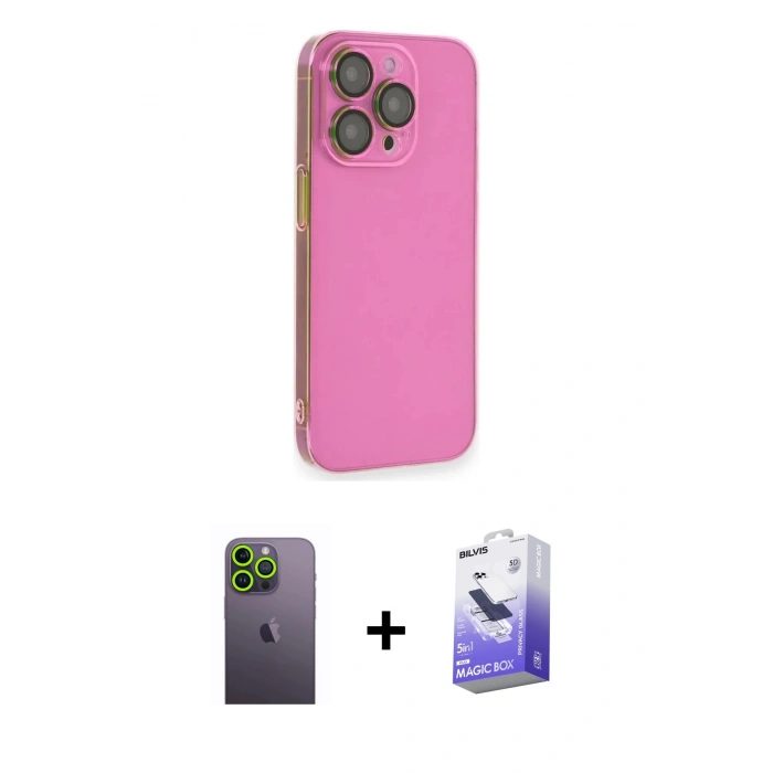 MARSİLYAN™- iPhone 13 Pro Max Kılıf Siluet Minimal Özel Seri - Siyah Bilvis 5in1 5D Magic Hayalet Cam Ekran Koruyucu + Neon Fosforlu Kamera Lens - YL