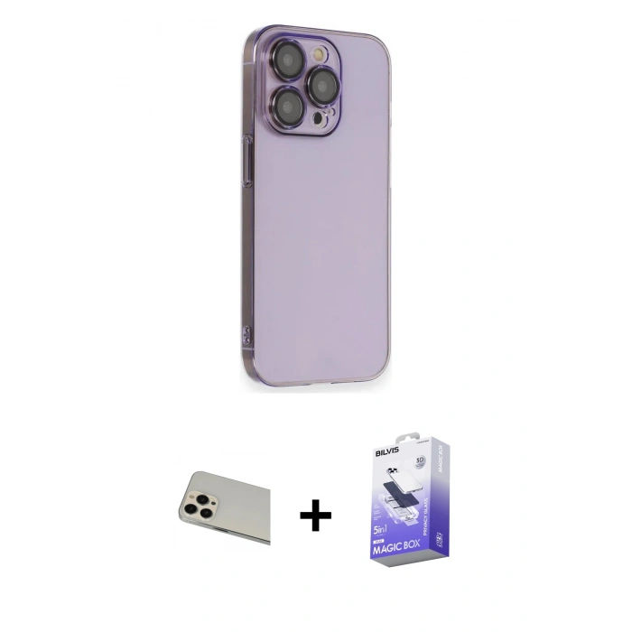 MARSİLYAN™- iPhone 13 Pro Max Kılıf Siluet Minimal Özel Seri - Siyah Bilvis 5in1 5D Magic Hayalet Cam Ekran Koruyucu + Rose Gold Rainbow Kamera Lens Koruma Cam