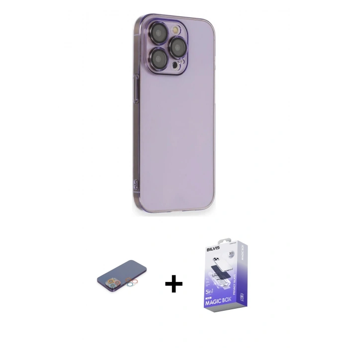 MARSİLYAN™- iPhone 13 Pro Max Kılıf Siluet Minimal Özel Seri - Siyah Bilvis 5in1 5D Magic Hayalet Cam Ekran Koruyucu + Renkli Kamera Lens Koruma Cam - PE