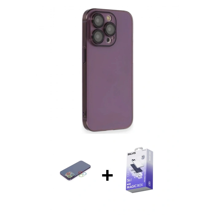 MARSİLYAN™- iPhone 13 Pro Max Kılıf Siluet Minimal Özel Seri - Siyah Bilvis 5in1 5D Magic Hayalet Cam Ekran Koruyucu + Mavi Renkli Kamera Lens Koruma Cam