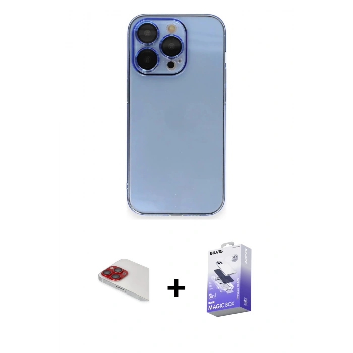 MARSİLYAN™- iPhone 13 Pro Max Kılıf Siluet Minimal Özel Seri - Siyah Bilvis 5in1 5D Magic Hayalet Cam Ekran Koruyucu + Pers Alüminyum Kamera Lens - KI