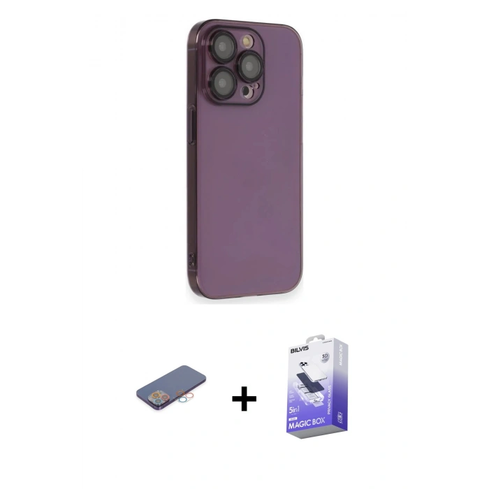 MARSİLYAN™- iPhone 13 Pro Max Kılıf Siluet Minimal Özel Seri - Siyah Bilvis 5in1 5D Magic Hayalet Cam Ekran Koruyucu + Renkli Kamera Lens Koruma Cam - PE