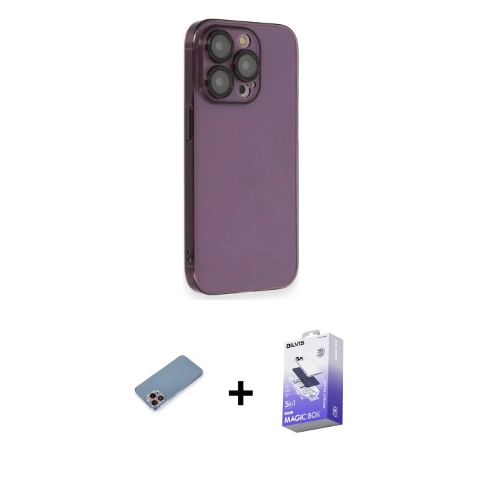 MARSİLYAN™- iPhone 13 Pro Max Kılıf Siluet Minimal Özel Seri - Siyah Bilvis 5in1 5D Magic Hayalet Cam Ekran Koruyucu + Shine Kamera Lens Koruma Cam - PE