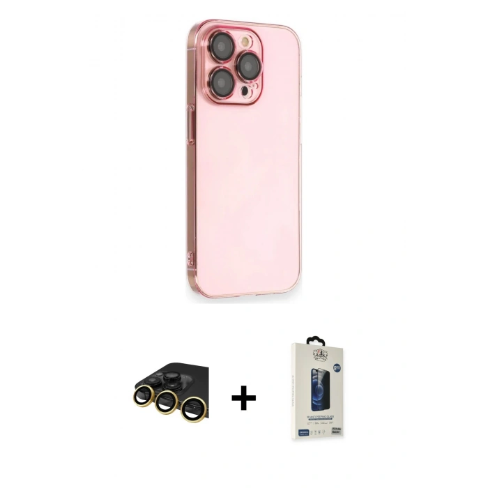 MARSİLYAN™- iPhone 13 Pro Max Kılıf Siluet Minimal Özel Seri - Siyah Bilvis Hayalet Cam Ekran Koruyucu + Gold Raze Metal Kamera Lens
