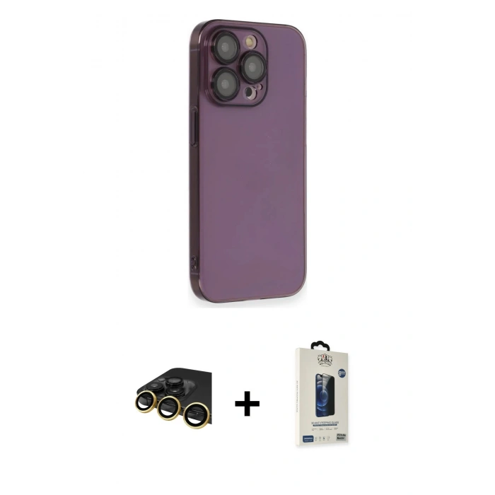 MARSİLYAN™- iPhone 13 Pro Max Kılıf Siluet Minimal Özel Seri - Siyah Bilvis Hayalet Cam Ekran Koruyucu + Gold Raze Metal Kamera Lens