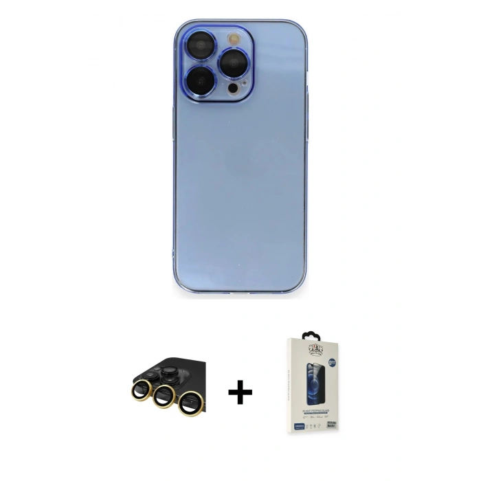 MARSİLYAN™- iPhone 13 Pro Max Kılıf Siluet Minimal Özel Seri - Siyah Bilvis Hayalet Cam Ekran Koruyucu + Gold Raze Metal Kamera Lens