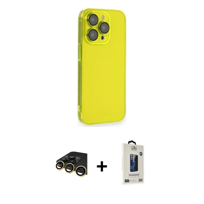 MARSİLYAN™- iPhone 13 Pro Max Kılıf Siluet Minimal Özel Seri - Siyah Bilvis Hayalet Cam Ekran Koruyucu + Gold Raze Metal Kamera Lens
