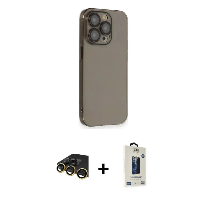 MARSİLYAN™- iPhone 13 Pro Max Kılıf Siluet Minimal Özel Seri - Siyah Bilvis Hayalet Cam Ekran Koruyucu + Gold Raze Metal Kamera Lens
