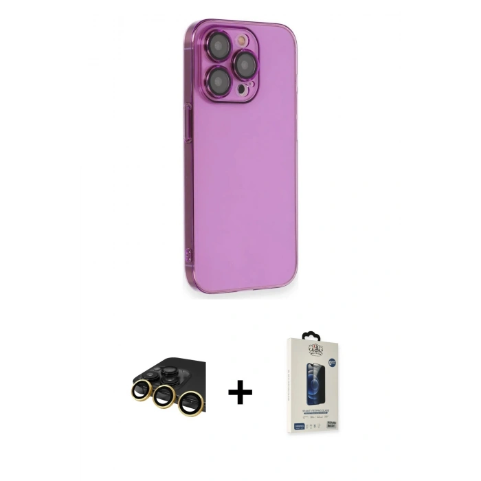 MARSİLYAN™- iPhone 13 Pro Max Kılıf Siluet Minimal Özel Seri - Siyah Bilvis Hayalet Cam Ekran Koruyucu + Gold Raze Metal Kamera Lens