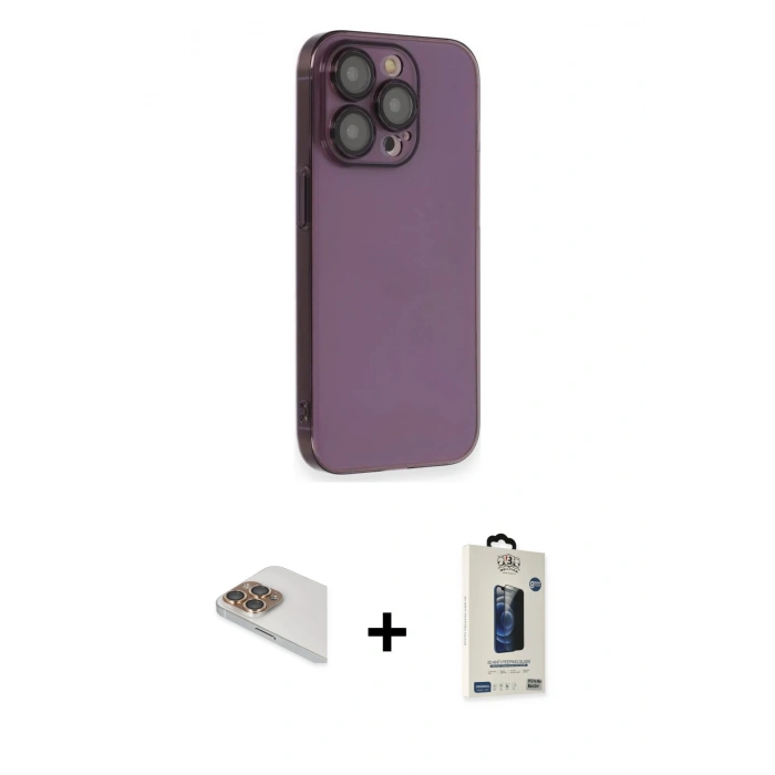 MARSİLYAN™- iPhone 13 Pro Max Kılıf Siluet Minimal Özel Seri - Siyah Bilvis Hayalet Cam Ekran Koruyucu + Gold Pers Alüminyum Kamera Lens