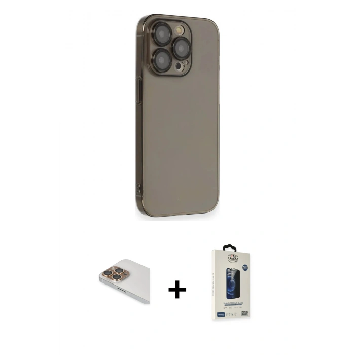 MARSİLYAN™- iPhone 13 Pro Max Kılıf Siluet Minimal Özel Seri - Siyah Bilvis Hayalet Cam Ekran Koruyucu + Gold Pers Alüminyum Kamera Lens