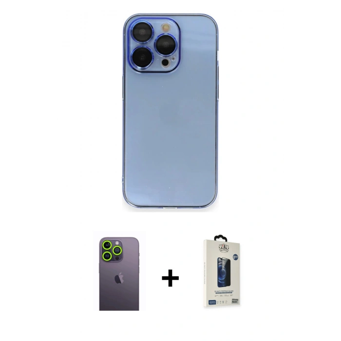 MARSİLYAN™- iPhone 13 Pro Max Kılıf Siluet Minimal Özel Seri - Siyah Bilvis Hayalet Cam Ekran Koruyucu + Yeşil Neon Fosforlu Kamera Lens