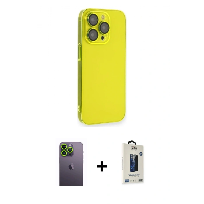 MARSİLYAN™- iPhone 13 Pro Max Kılıf Siluet Minimal Özel Seri - Siyah Bilvis Hayalet Cam Ekran Koruyucu + Yeşil Neon Fosforlu Kamera Lens